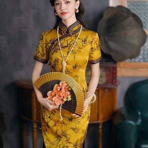唐之恋金色竹叶高级感旗袍女夏大码重工2024年新款改良送考旗袍裙