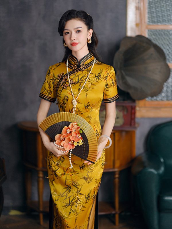 唐之恋金色竹叶高级感旗袍女夏大码重工2024年新款改良送考旗袍裙