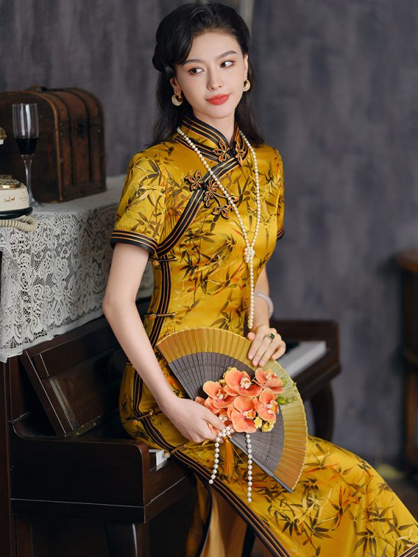 唐之恋金色竹叶高级感旗袍女夏大码重工2024年新款改良送考旗袍裙 - 图片 5